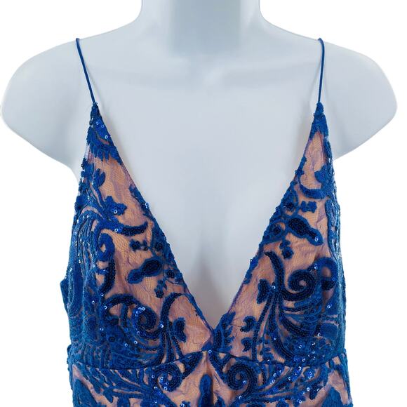 Free People Navy Blue Sequin Lace Nude Strappy Cocktail Fancy Slip Dress 4 NWT - Picture 5 of 14